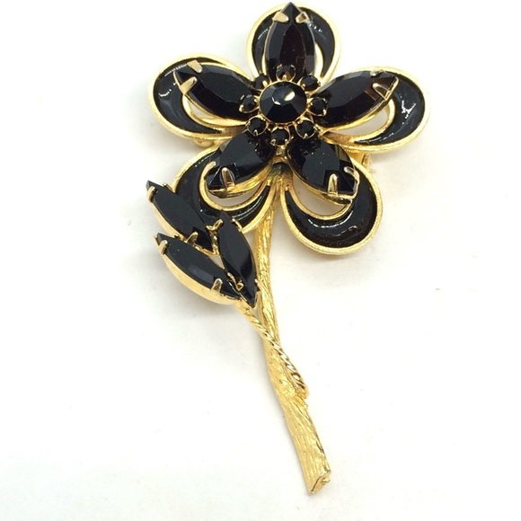!!SOLD!! VINTAGE BLACK RHINESTONE FLOWER BROOCH PIN GOLD TONE - Picture 11 of 17